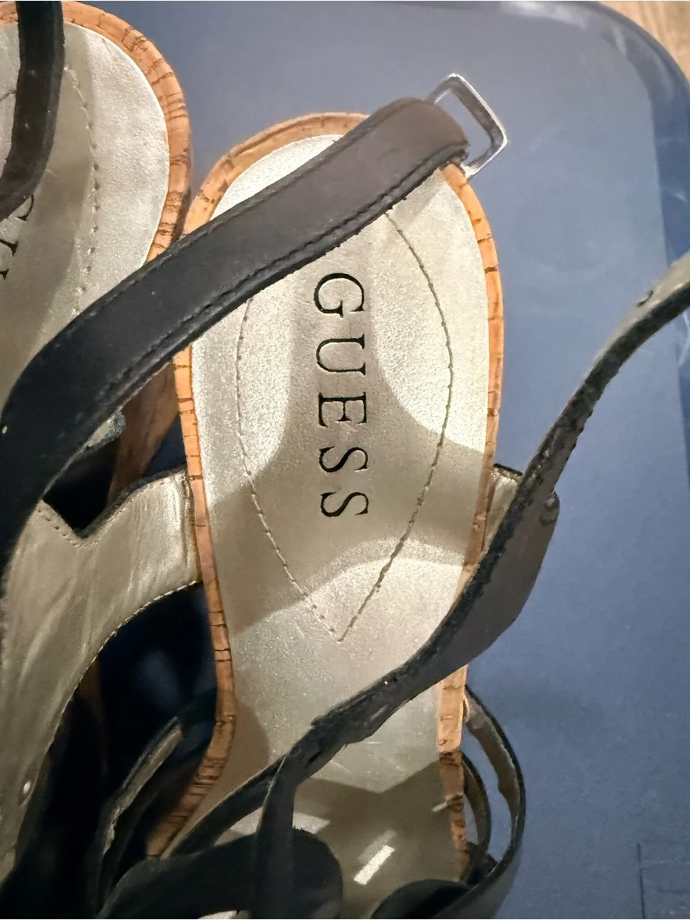 Guess Black Woven Cork Wedge Sandals
